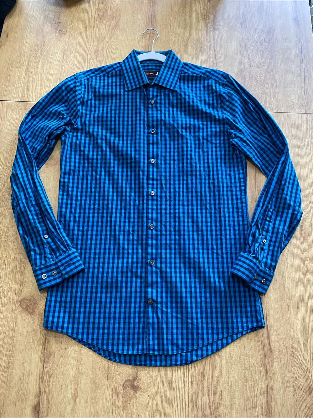 Men's Blue and Teal Checked Long-Sleeve Dress Shirt